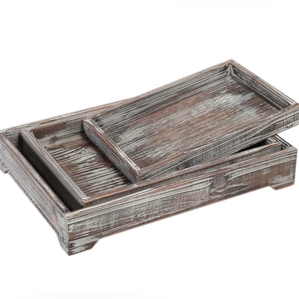 New 3 Piece Rustic Torched Wood Nesting Serving Tray Bundle